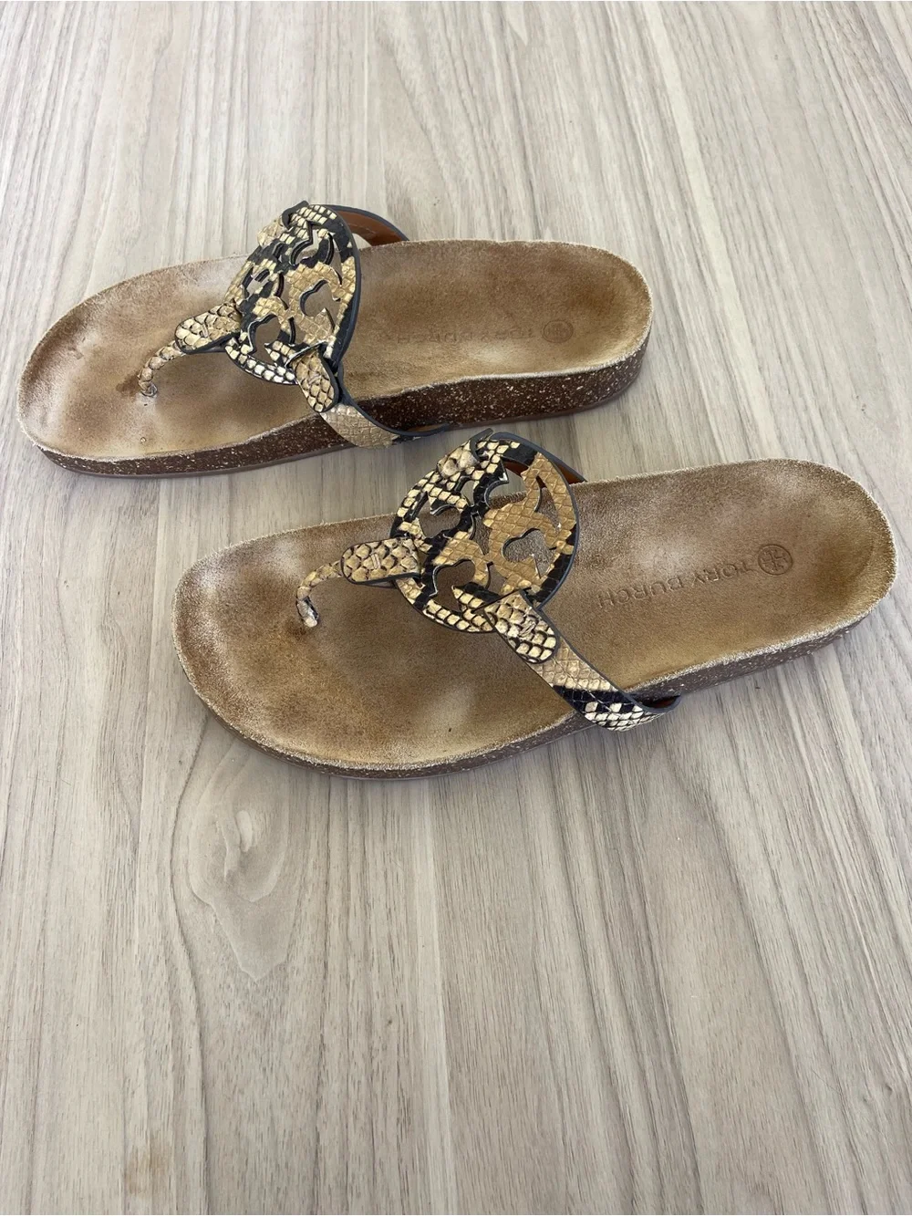 Tory Burch Brown and Black Snakeskin Logo Thong Sandals
